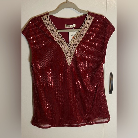 New! Genhoo Women’s Short Sleeve Sequin Top, Wine Red, Medium - Picture 2 of 6